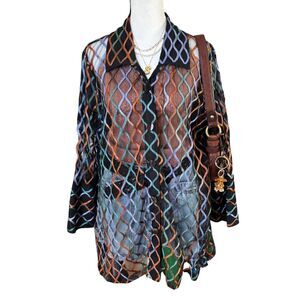 Ali Miles Artsy Colorful Abstract Wavy Mesh Button Down Tunic Shirt Plus Size 0X